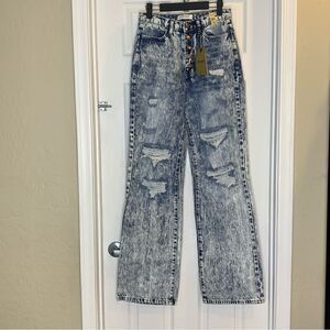 Vibrant Acid Wash High Rise Flare Leg Distressed Jeans Size 24